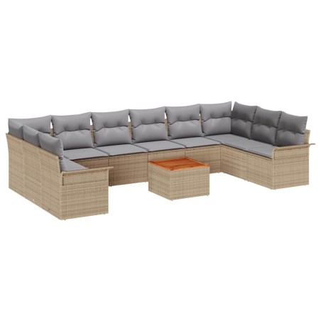 vidaXL Set di divani da giardino 11 pezzi con cuscini in rattan poly beige e legno di acacia.
