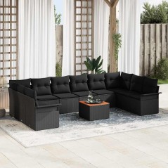 vidaXL Set di divani da giardino da 11 pezzi con cuscini in rattan sintetico nero e legno di acacia.