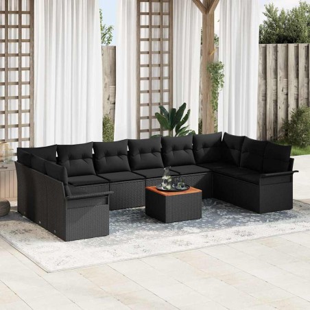 vidaXL Set di divani da giardino da 11 pezzi con cuscini in rattan sintetico nero e legno di acacia.