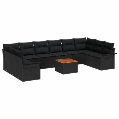 vidaXL Set di divani da giardino da 11 pezzi con cuscini in rattan sintetico nero e legno di acacia.