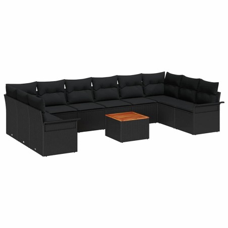 vidaXL Set di divani da giardino da 11 pezzi con cuscini in rattan sintetico nero e legno di acacia.