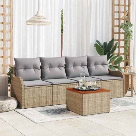 vidaXL Set di divani da giardino , 5 pezzi, cuscini beige, in rattan sintetico e legno di acacia.