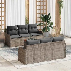 vidaXL Set di divani da giardino , 7 pezzi con cuscini grigi in rattan sintetico e legno di acacia.
