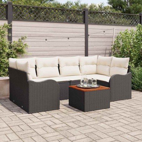 vidaXL Set di divani da giardino a 7 pezzi con cuscini in rattan plastico nero e acacia.