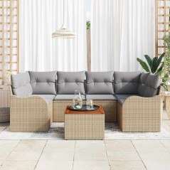vidaXL Set di divani da giardino 7 pezzi con cuscini in rattan sintetico beige e acacia.