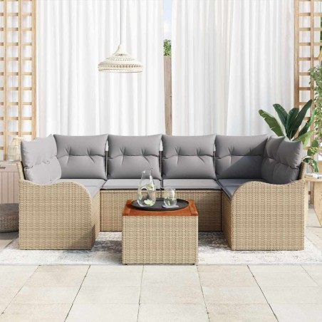 vidaXL Set di divani da giardino 7 pezzi con cuscini in rattan sintetico beige e acacia.