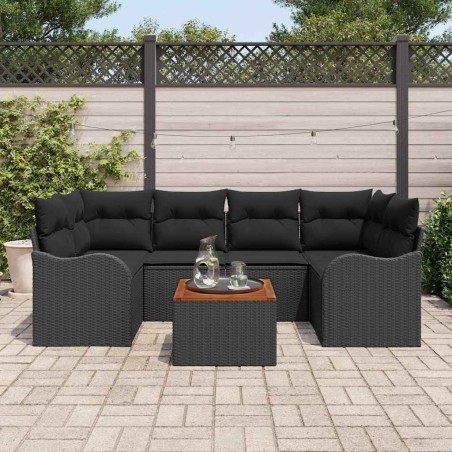 vidaXL Set Divano da Giardino 7 Pezzi con Cuscini in Rattan Poliestere Nero e Legno di Acacia
