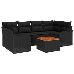 vidaXL Set Divano da Giardino 7 Pezzi con Cuscini in Rattan Poliestere Nero e Legno di Acacia