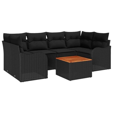 vidaXL Set Divano da Giardino 7 Pezzi con Cuscini in Rattan Poliestere Nero e Legno di Acacia