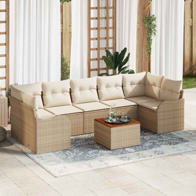 vidaXL Set di divani da giardino 8 pezzi con cuscini, in rattan sintetico beige e acacia.