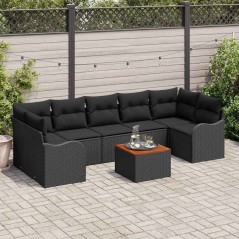 vidaXL Set di divani da giardino in 8 pezzi di , con cuscini, in rattan nero e legno di acacia.