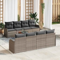 vidaXL Set giardino da 9 pezzi con cuscini in poly rattan grigio e acacia