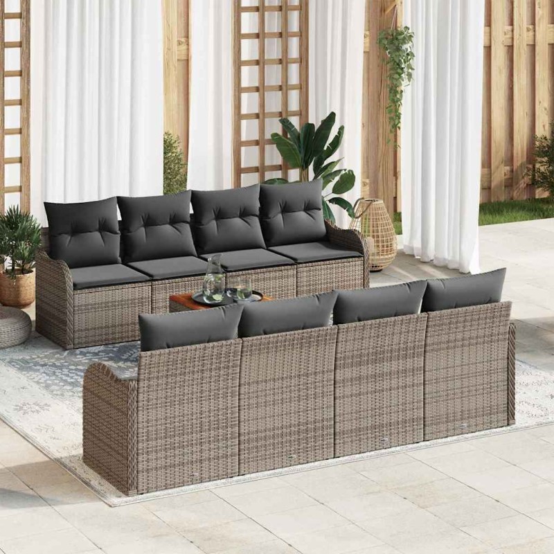 vidaXL Set giardino da 9 pezzi con cuscini in poly rattan grigio e acacia