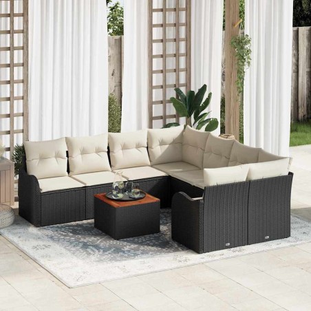 vidaXL Set di divani da giardino , 9 pezzi con cuscini in rattan neri e struttura in acacia