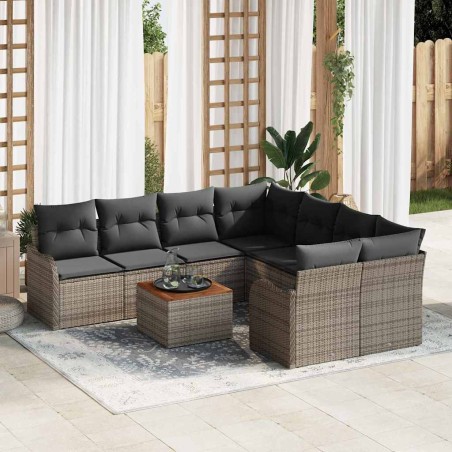 vidaXL Set di Divani da Giardino in 9 Pezzi con Cuscini Grigi in Rattan Sintetico e Acacia