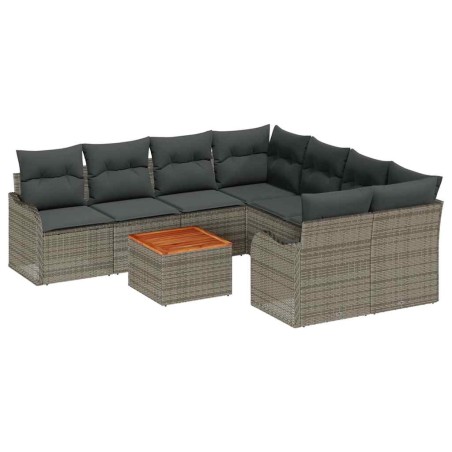vidaXL Set di Divani da Giardino in 9 Pezzi con Cuscini Grigi in Rattan Sintetico e Acacia
