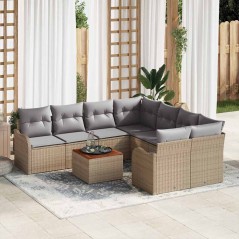 vidaXL Set di divani da giardino 9 pezzi con cuscini beige in polyrattan e acacia.