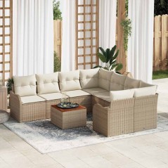 vidaXL Set di divani da giardino 9 pezzi con cuscini in rattan poliestere beige e struttura in acacia.