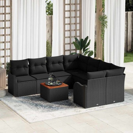 vidaXL Set divani da giardino da 9 pezzi con cuscini in polirattan neri e acacia