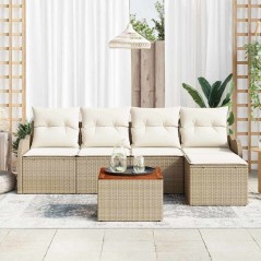 vidaXL Set di divani da giardino 6 pezzi con cuscini beige, in polirattan e acacia.