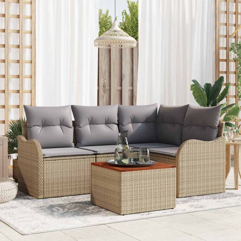 vidaXL Set da giardino con cuscini in rattan poliestere beige e legno di acacia, composto da 5 pezzi.