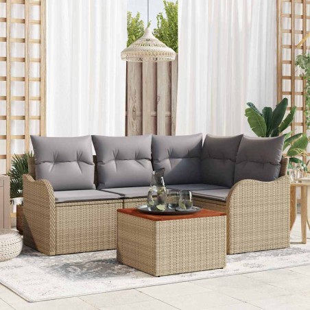 vidaXL Set da giardino con cuscini in rattan poliestere beige e legno di acacia, composto da 5 pezzi.