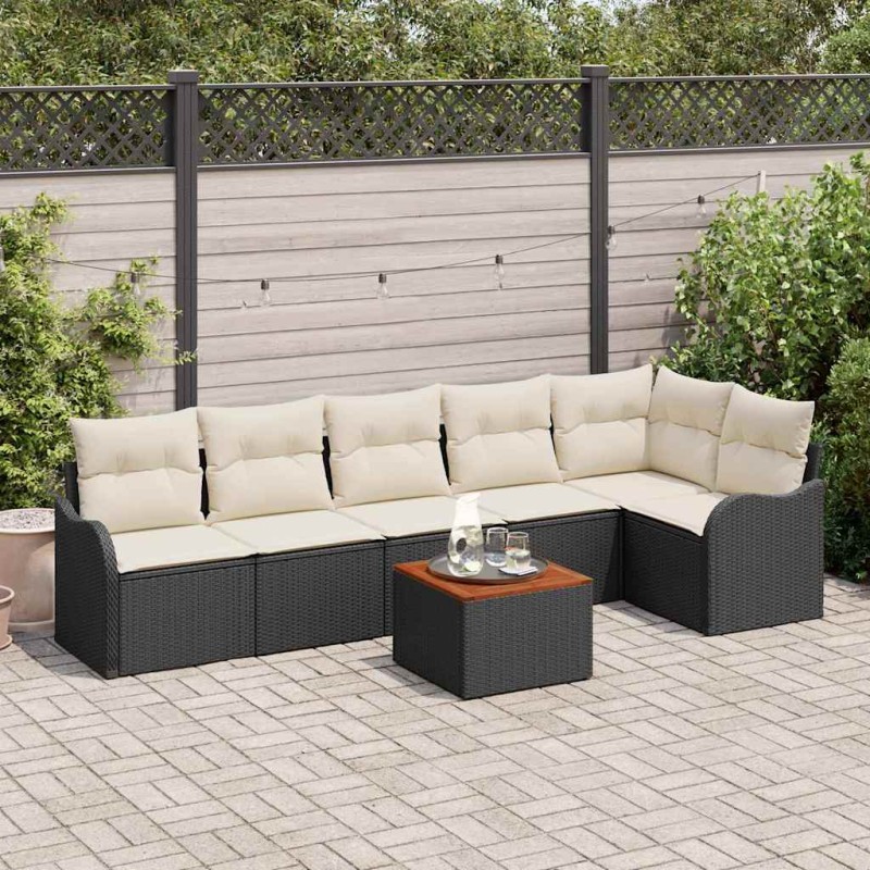 vidaXL Set di divani da giardino, 7 pezzi con cuscini in rattan sintetico nero e legno di acacia.