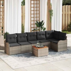 vidaXL Set di divani da giardino in rattan grigio con cuscini in Acacia, composto da 7 pezzi.