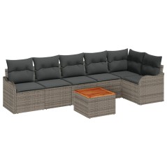 vidaXL Set di divani da giardino in rattan grigio con cuscini in Acacia, composto da 7 pezzi.