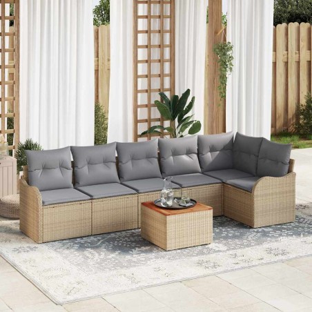 vidaXL Set di divani da giardino 7 pezzi con cuscini in rattan poliestere beige e legno di acacia