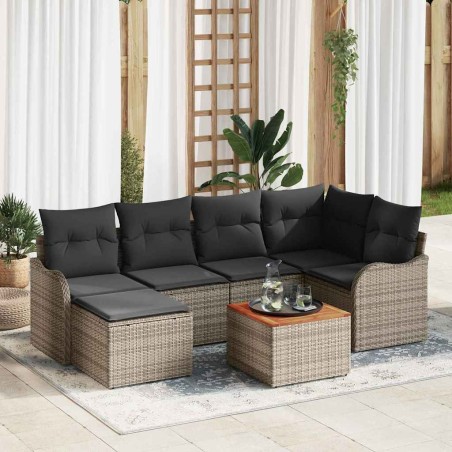 vidaXL Set di Divani da Giardino 7 Pezzi in Polyrattan Grigio e Acacia con Cuscini