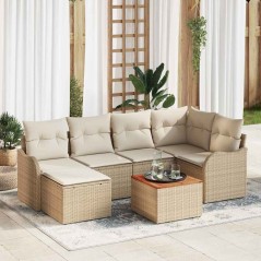vidaXL Set di divani da giardino 7 pezzi con cuscini in polyrattan beige e legno di acacia