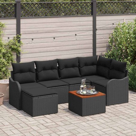 vidaXL Set di divani da giardino 7 pezzi con cuscini, in polirattino nero e acacia.