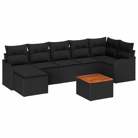 vidaXL Set di divani da giardino in 8 pezzi con cuscini in poly rattan nero e legno di acacia.