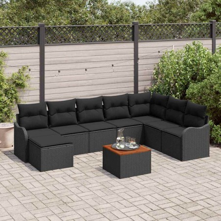 vidaXL Set di Sofá da Giardino in 9 Pezzi con Cuscini in Rattan Sintetico Nero e Acacia