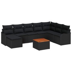 vidaXL Set di Sofá da Giardino in 9 Pezzi con Cuscini in Rattan Sintetico Nero e Acacia