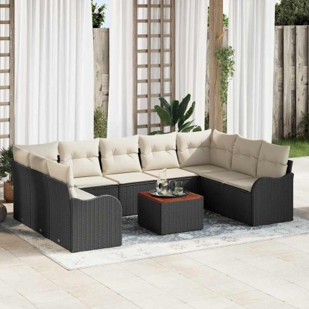 vidaXL Set giardino 10 pezzi con cuscini in rattan nero e legno di acacia