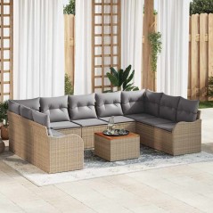 vidaXL Set da giardino con divano da 10 pezzi e cuscini in rattan sintetico beige e acacia.