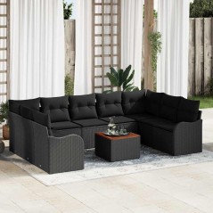 vidaXL Set da Giardino in Rattan Nero e Acacia, 10 Pezzi con Cuscini