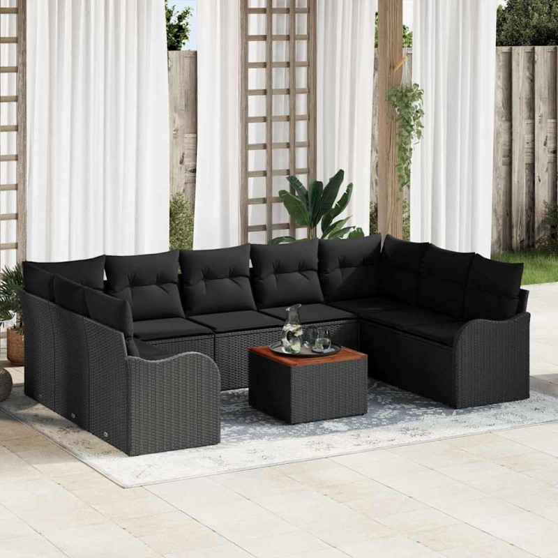 vidaXL Set da Giardino in Rattan Nero e Acacia, 10 Pezzi con Cuscini