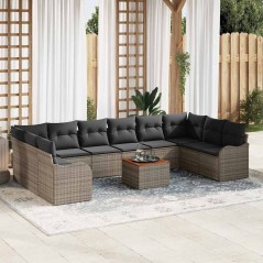 vidaXL Set da giardino da 11 pezzi con cuscini grigi in poly rattan e acacia.