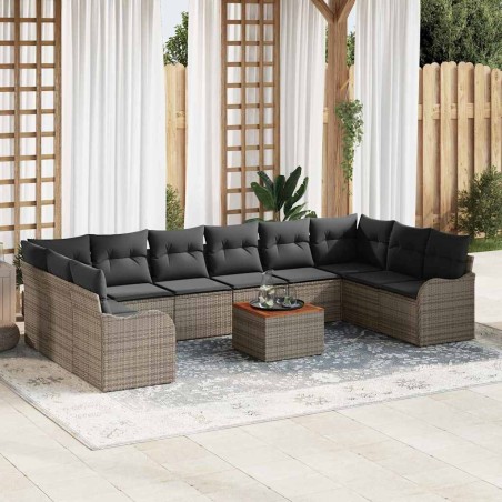 vidaXL Set da giardino da 11 pezzi con cuscini grigi in poly rattan e acacia.