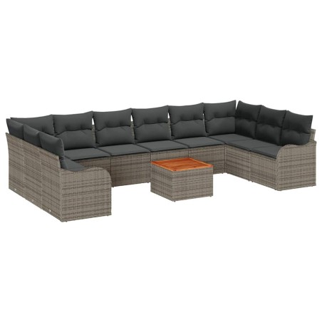 vidaXL Set da giardino da 11 pezzi con cuscini grigi in poly rattan e acacia.