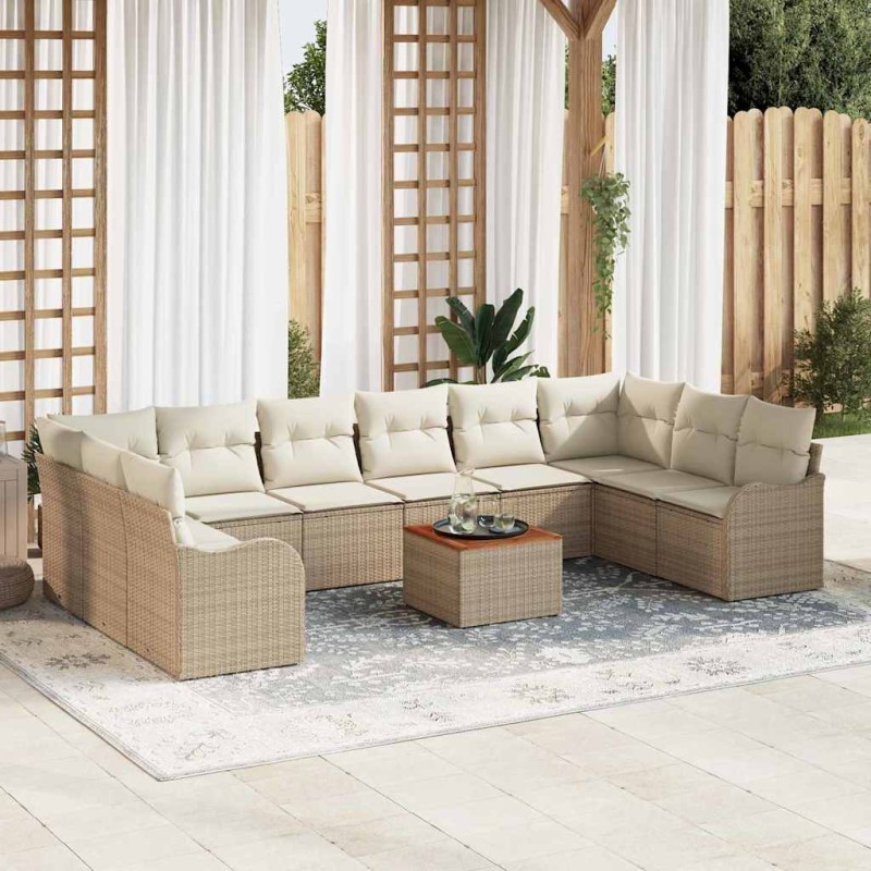 vidaXL Set di divani da giardino , 11 pezzi con cuscini beige in rattan sintetico e acacia.