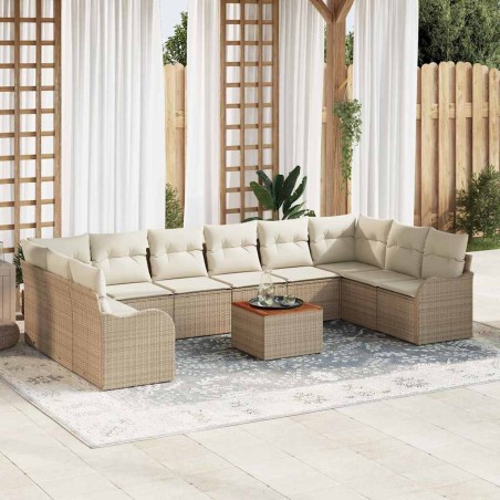 vidaXL Set di divani da giardino , 11 pezzi con cuscini beige in rattan sintetico e acacia.