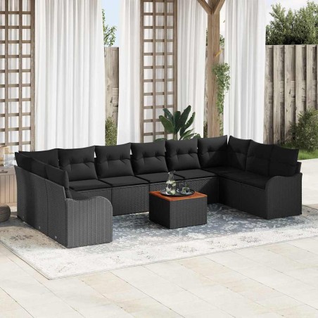 vidaXL Set di divani da giardino 11 pezzi di con cuscini in polirattan nero e tavolo in acacia