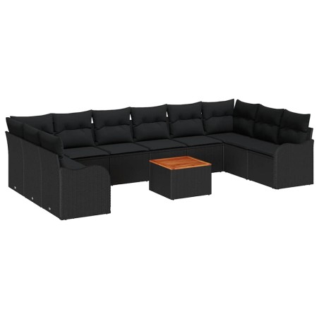 vidaXL Set di divani da giardino 11 pezzi di con cuscini in polirattan nero e tavolo in acacia