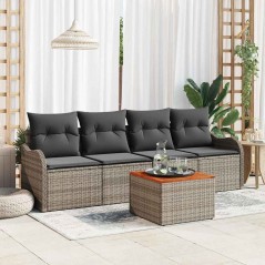 vidaXL Set di divani da giardino con 5 pezzi e cuscini grigi in polirattan e acacia