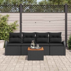 vidaXL Set di divano da giardino 5 pezzi con cuscini in polyrattan nero e acacia
