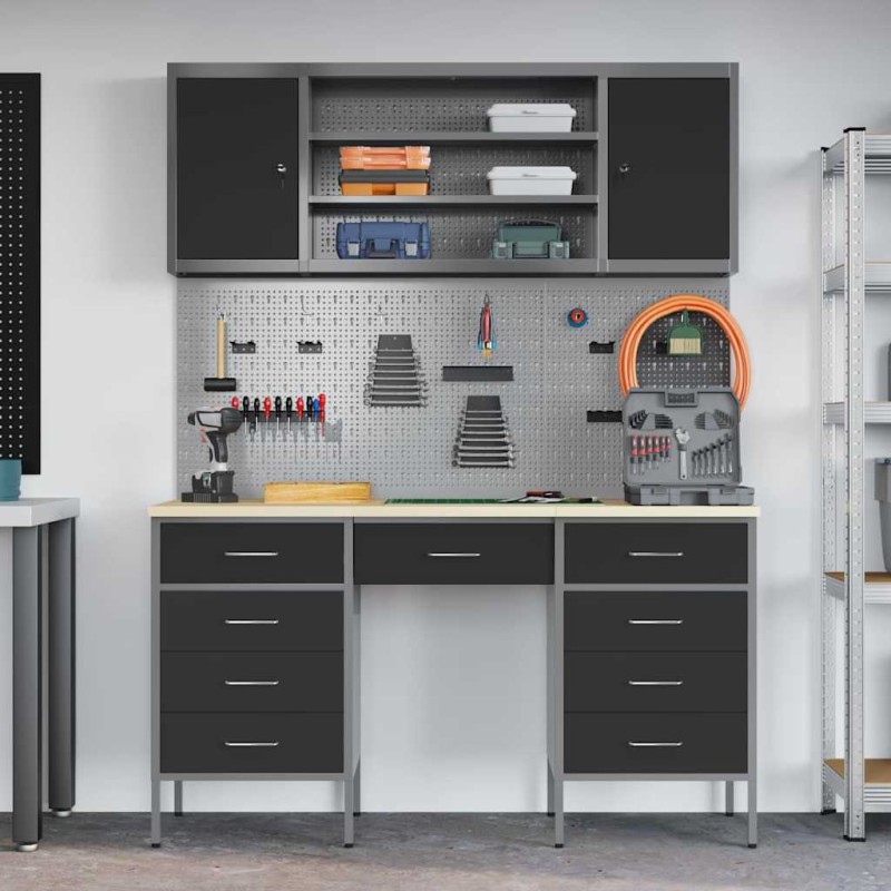Set di 7 Pezzi di Armadietto da Lavoro e Pannello Forato Nero in MDF e Metallo